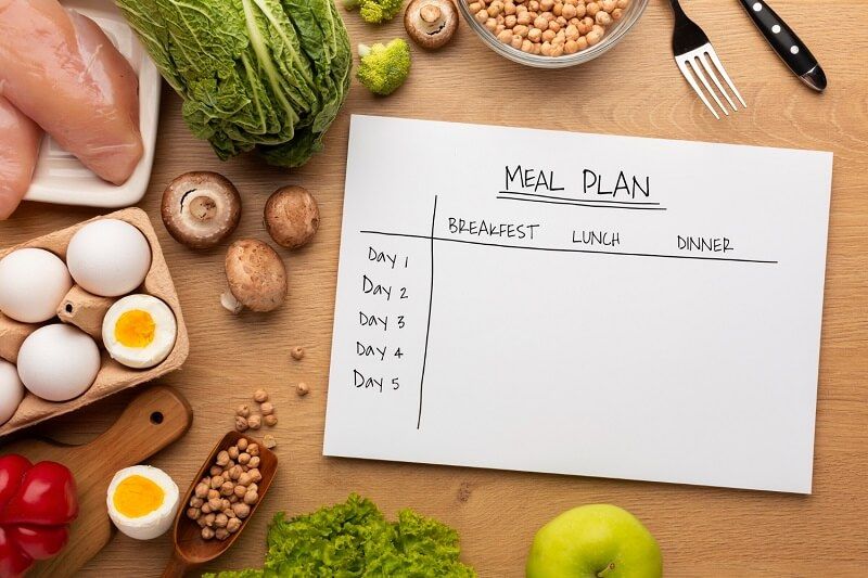 Meal plan sheet kept on a table with eggs and vegetables