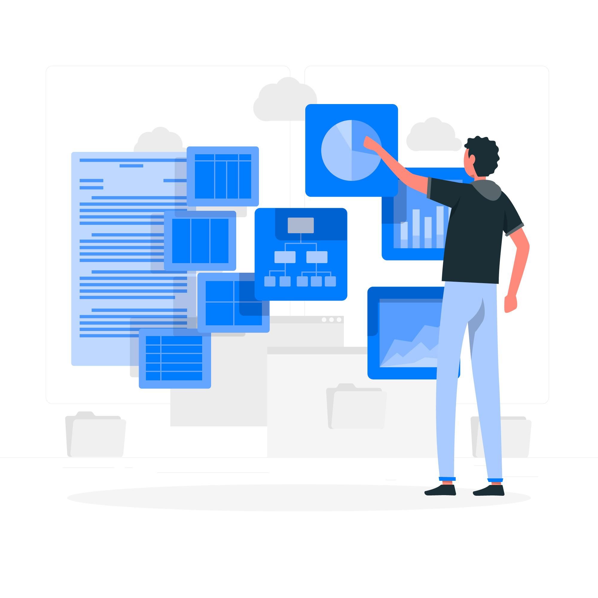 Illustration of a boy looking at all the flowcharts of the data 